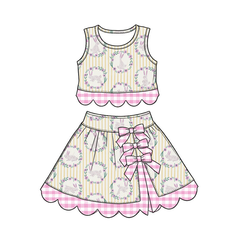 Preorder (moq 5) Baby Girl Clothes Easter Bunny Wreath Stripe Print Sleeveless Crop Top Bow Skirt Outfit Set