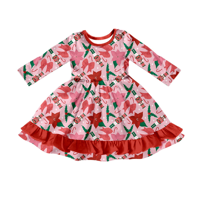 Preorder (moq 5)Baby Girls Red Soldiers Holly Bows Christmas Ruffle Knee Length Dresses