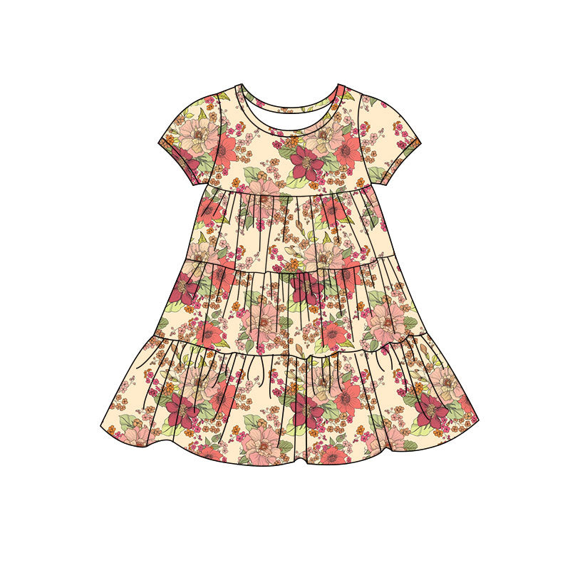 Preorder(moq 5) Baby Girls Flowers Patchwork Ruffle Knee Length Dresses