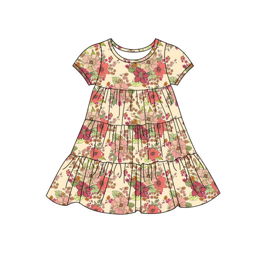 Preorder(moq 5) Baby Girls Flowers Patchwork Ruffle Knee Length Dresses