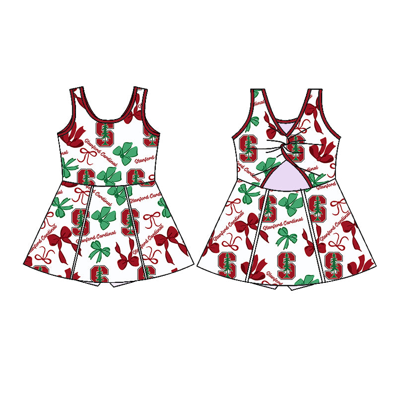 Preorder (moq 5)Baby Girls Sleeveless Stanford Cardinal Bows Plaid Shorts Team Knee Length Dresses