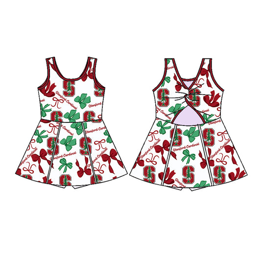 Preorder (moq 5)Baby Girls Sleeveless Stanford Cardinal Bows Plaid Shorts Team Knee Length Dresses