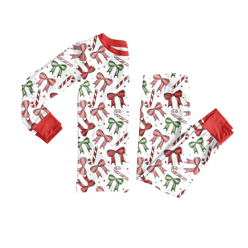 Preorder(moq 5) Baby Girls Christmas Red Green Bows Top Pants Lounge Wear Pajamas Sets