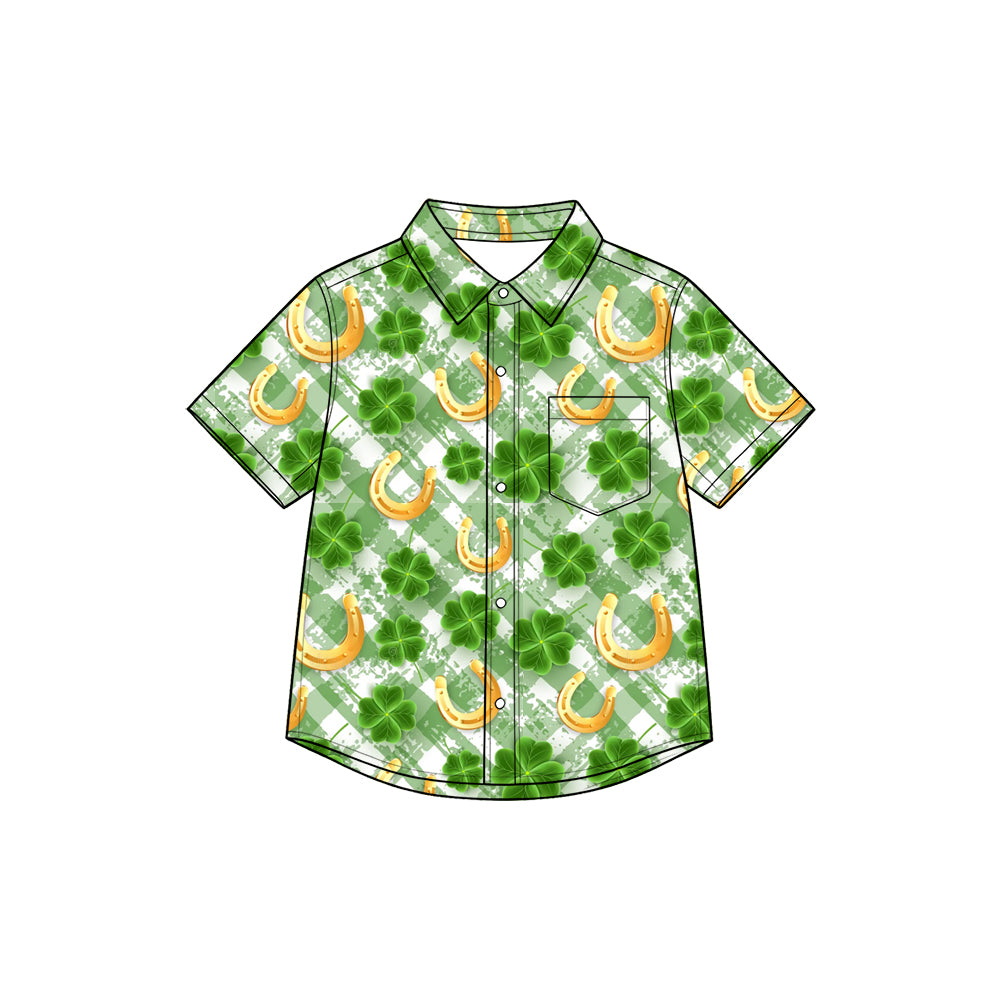 Preorder （moq 5）Baby Boys’ Green Plaid Clover Collared Button-Up Short-Sleeve Shirt