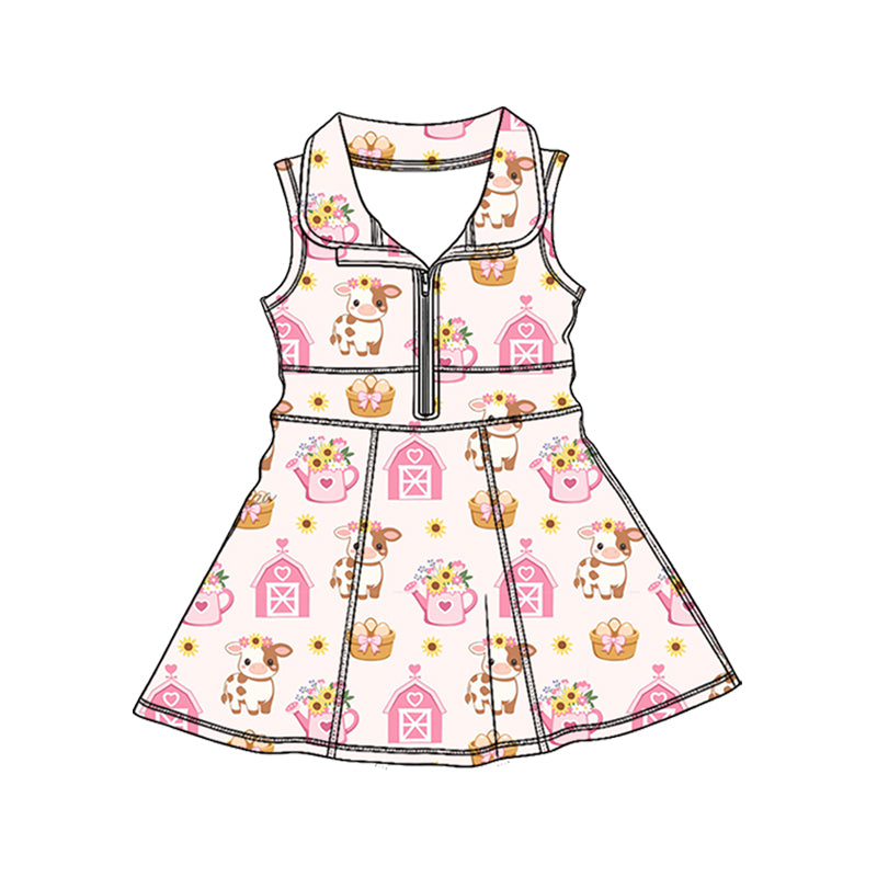 Preorder (moq 5)Baby Girls House Cow Flowers Farm Zipper Knee Length Dresses