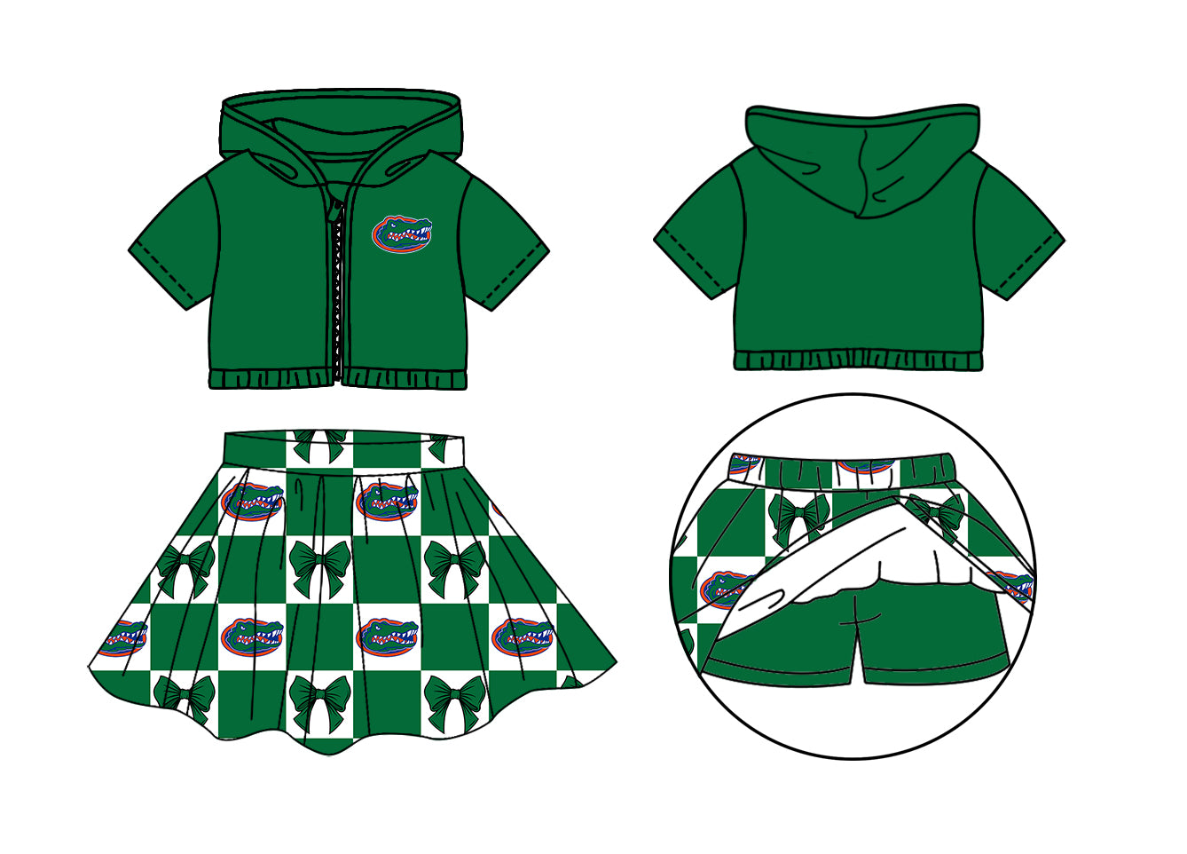 Preorder (moq 5)Baby Girls Crocodiles Bows Zip Hoodie Jackets Skirt Short Team Clothes Sets