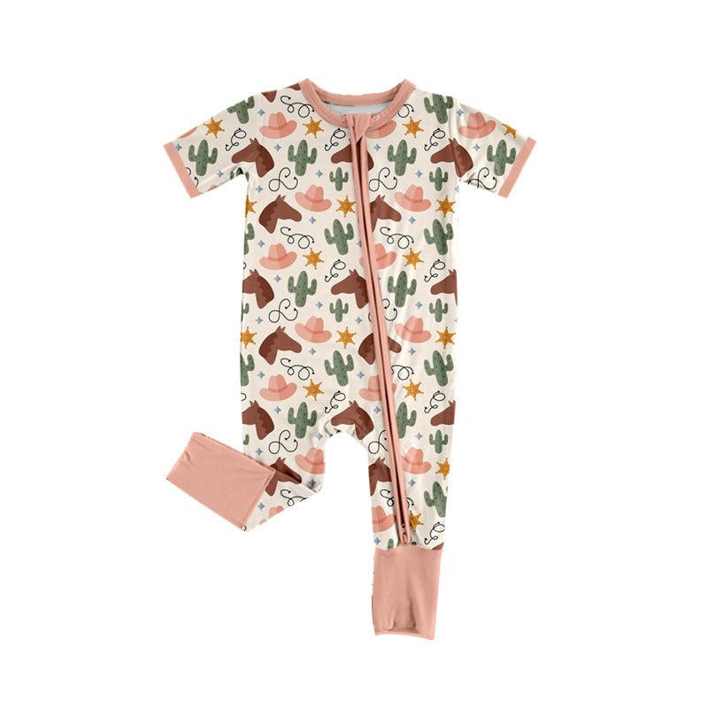 Preorder (moq 5)Baby Girls Cactus Horses Western Two Way Zip Convertible Rompers