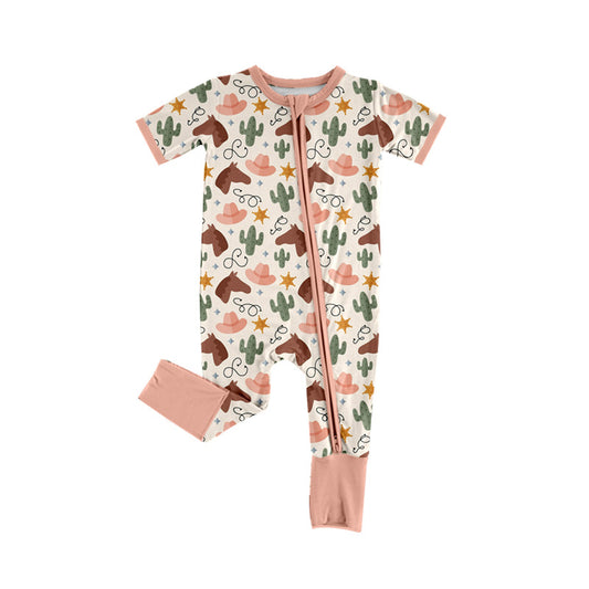 Preorder (moq 5)Baby Girls Cactus Horses Western Two Way Zip Convertible Rompers