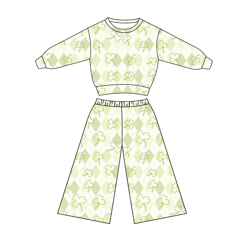 Preorder(moq 5) Baby Girls Long Sleeve Green Clovers Checked Top Flare Pants St Patrick Clothes Sets