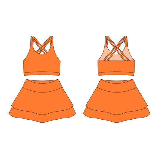 Preorder moq 10 Baby Girls Orange Strap Activity Wear Vests Top Short Skirts Yoga Set