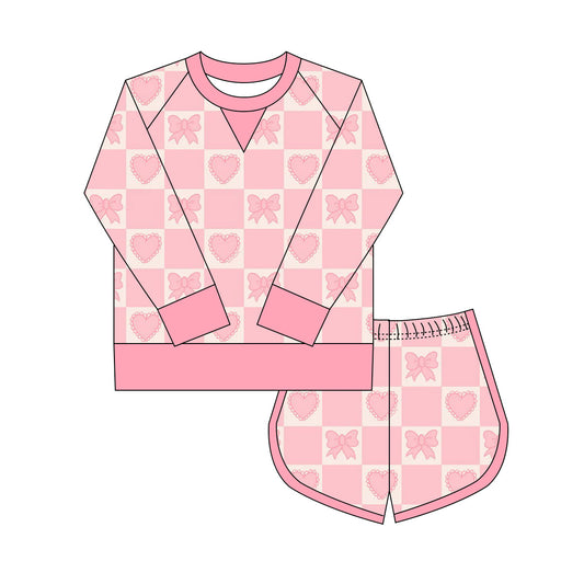 Preorder(moq 8)Baby Girls Pink Bows Hearts Checked Long Sleeve Top Shorts Valentine Clothes Set