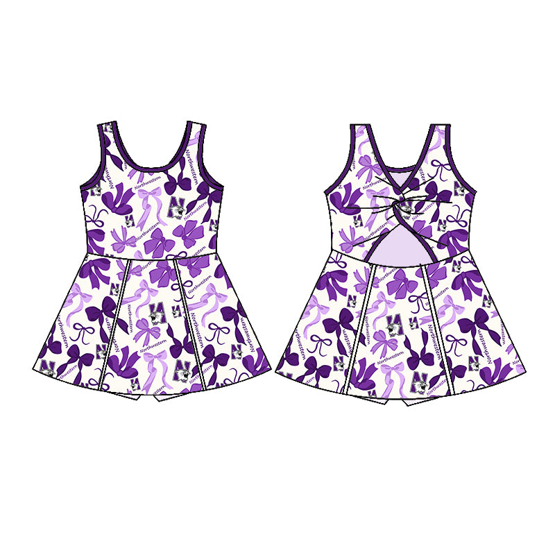 Preorder (moq 5)Baby Girls Sleeveless Purple Bows N Plaid Shorts Team Knee Length Dresses