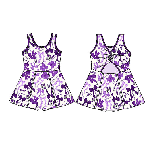 Preorder (moq 5)Baby Girls Sleeveless Purple Bows N Plaid Shorts Team Knee Length Dresses