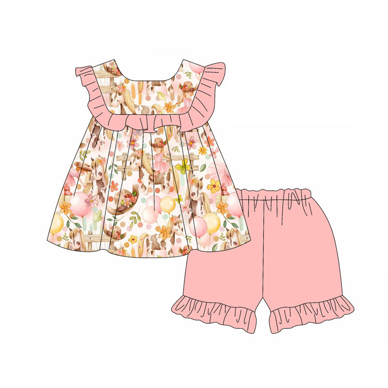 Preorder (moq 5)Baby Girls Hats Horses Pink Round Collar Tunic Ruffle Shorts Clothes Sets