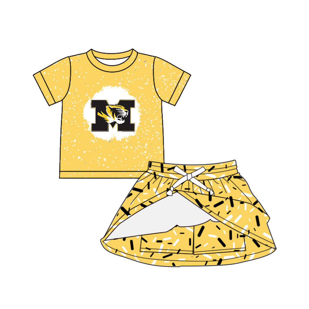 Preorder (moq 5)Baby Girls Yellow Short Sleeves Missouri Tiger Top Drip Skorts Team Set