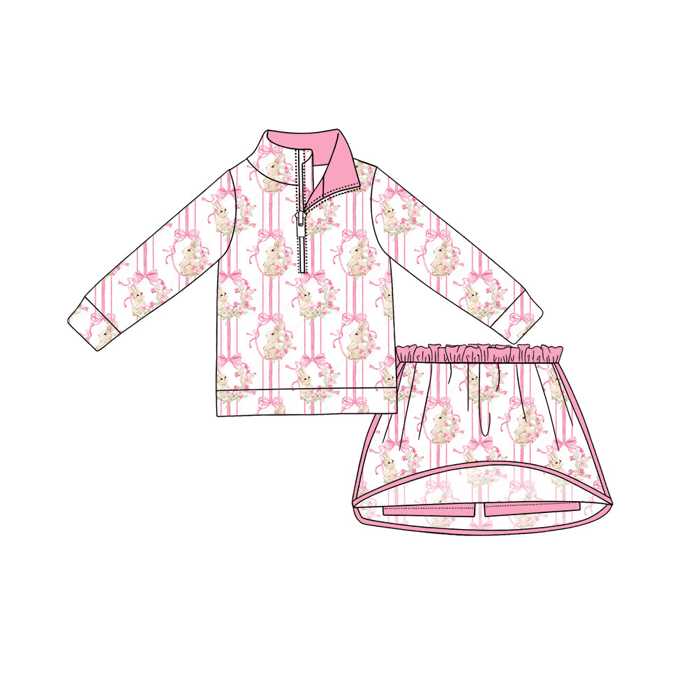 Preorder (moq 5) Girls’ Easter Bunny Bow Half-Zip Top & Skirt Set, Festive Holiday Outfit