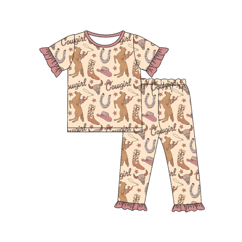 Preorder(moq 5) Baby Girls Horse Rodeos Cowboys Top Ruffle Pants Western Pajamas Sets