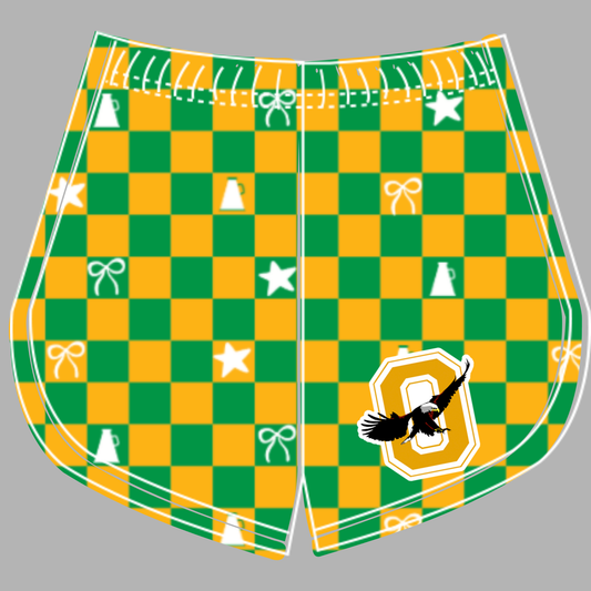 Preorder (moq 5)Baby Girls Yellow Green Checked Olpe Eagles Cheer Team Shorts Bottoms