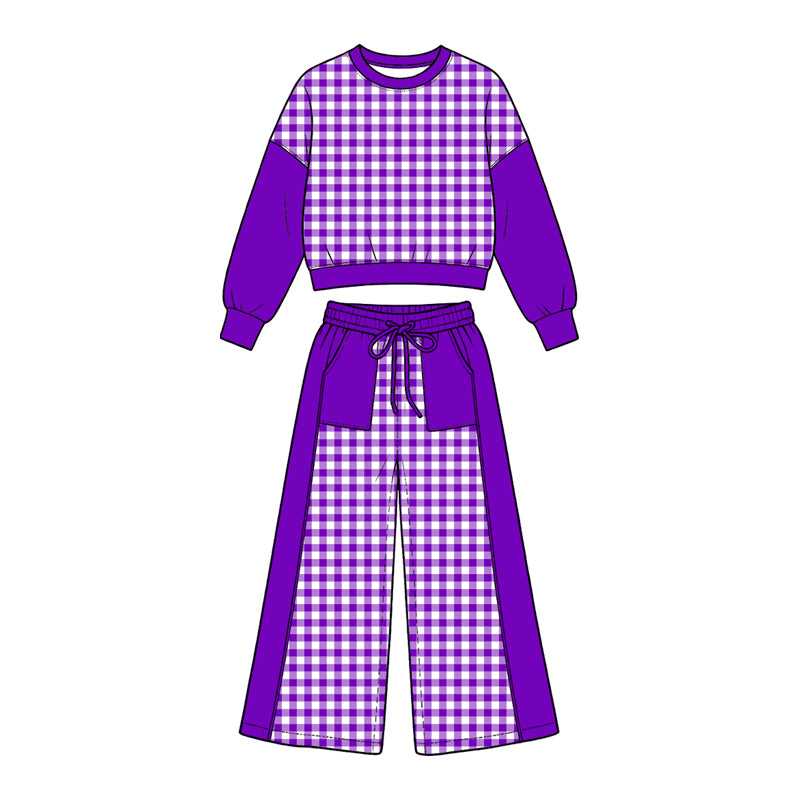 Preorder (moq5) Girl Clothes Purple White Gingham Color Block Crop Sweatshirt Wide Leg Pants Set