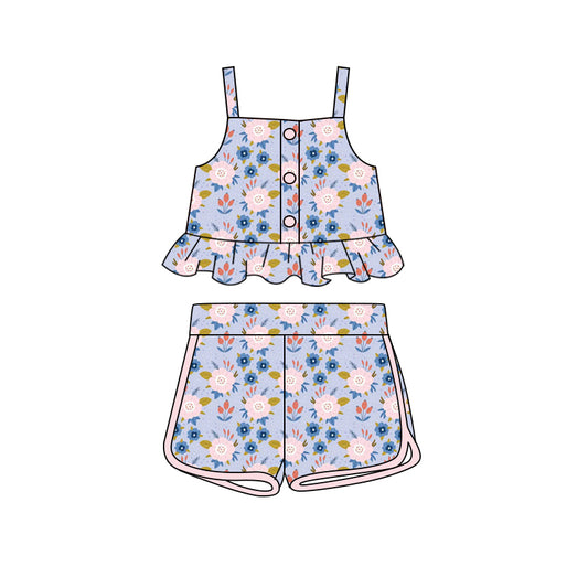 Preorder (moq 5)Baby Girls Blue Pink Flowers Leaves Straps Top Shorts Clothes Sets