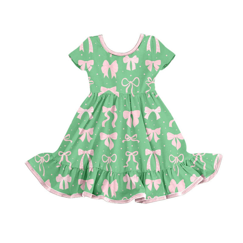 Preorder(moq 8)Baby Girls Pink Bows Polka Dots Ruffle Knee Length Dresses