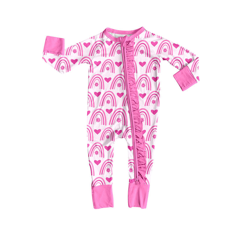 Preorder (moq 5)Baby Boys Pink Rainbows Hearts Valentine Ruffle Zipper Footie Rompers