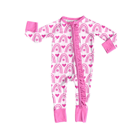 Preorder (moq 5)Baby Boys Pink Rainbows Hearts Valentine Ruffle Zipper Footie Rompers