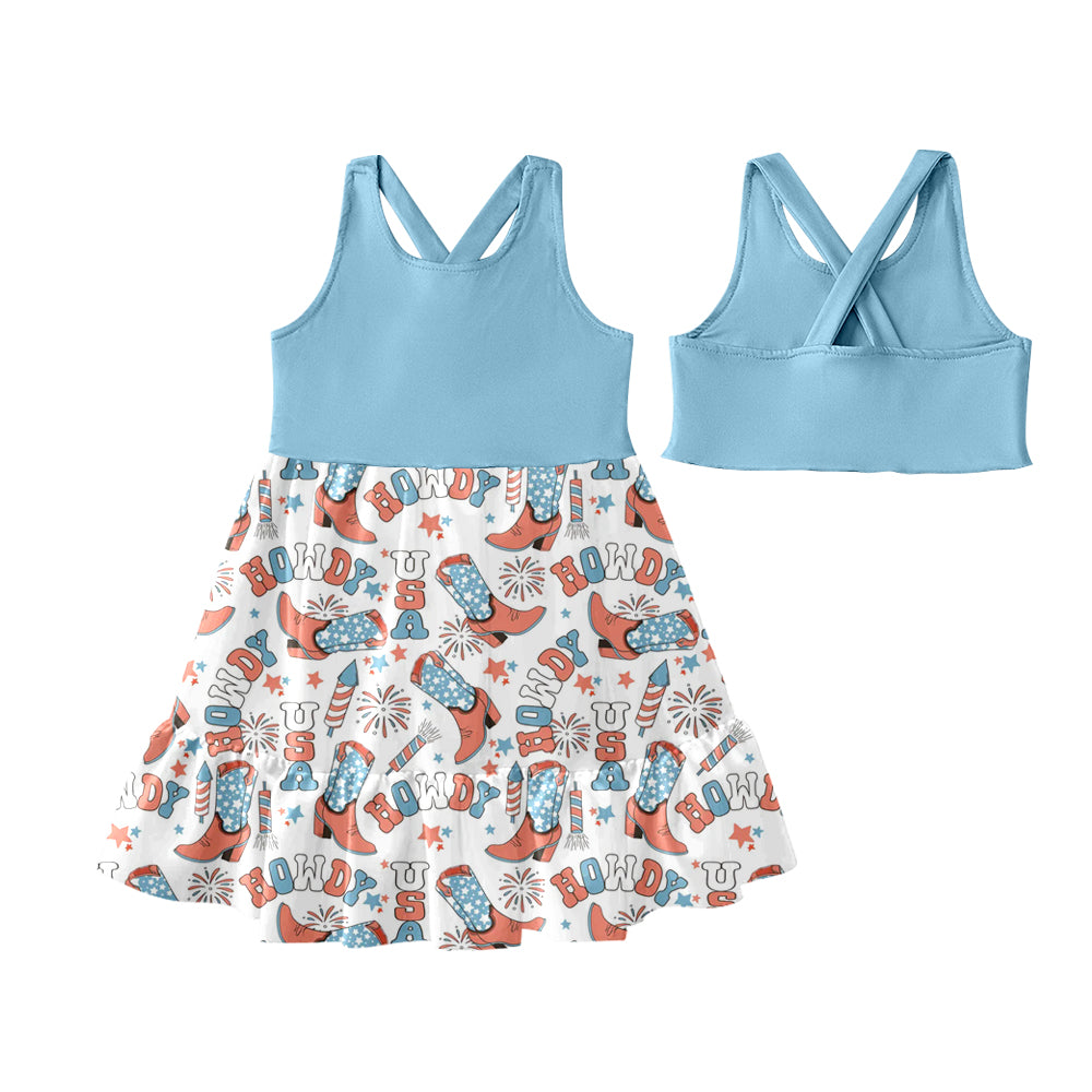 Preorder (moq 5)Baby Girls Blue Sleeveless Boots Fireworks Patchwork 4th Of July Knee Length Dress