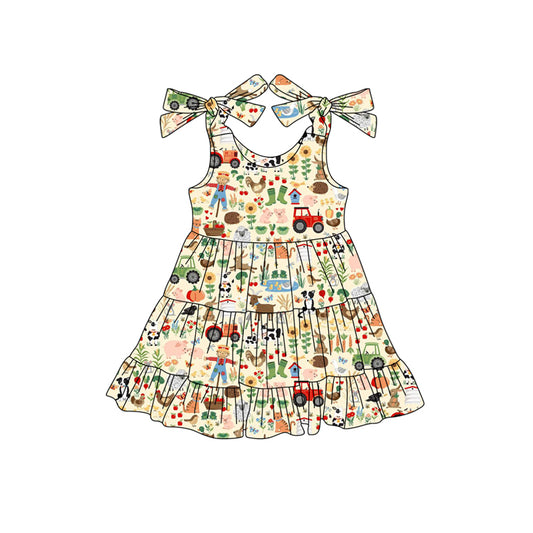 Preorder (moq 5)Baby Girls Strap Cows Rabbits Floral Farm Knee Length Dresses