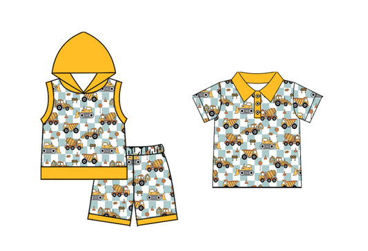 Preorder(moq 5 each)Sibling Baby Boys Yellow Construction Hooded Top Pullovers Shorts Sets