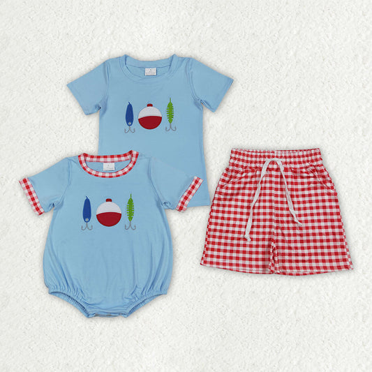 Sibling Baby Boys Embroidery Fishing Top Pockets Short Hunting Set Rompers