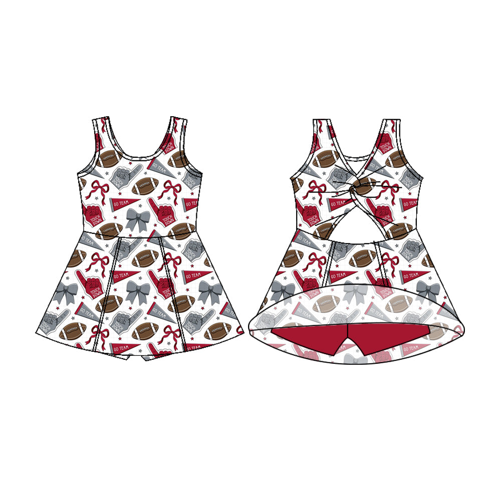 Preorder (moq 5)Baby Girls Sleeveless Red Bows Footballs Shorts Team Knee Length Dresses