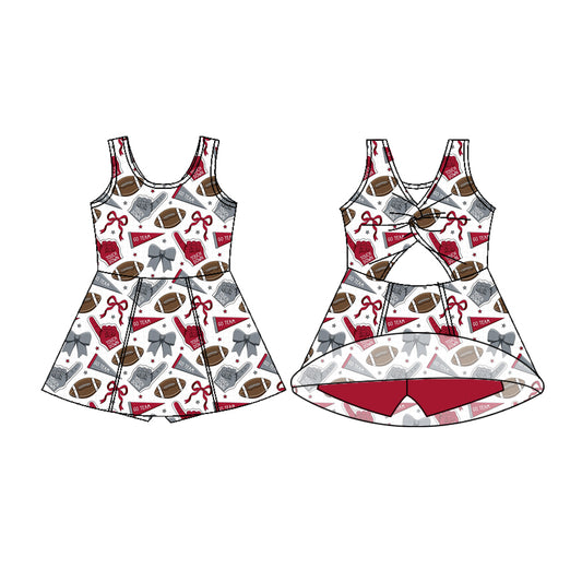 Preorder (moq 5)Baby Girls Sleeveless Red Bows Footballs Shorts Team Knee Length Dresses