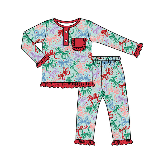 Baby Girls Christmas Bows Shirt Ruffle Pants Pajamas Clothes Sets Preorder(moq 5)