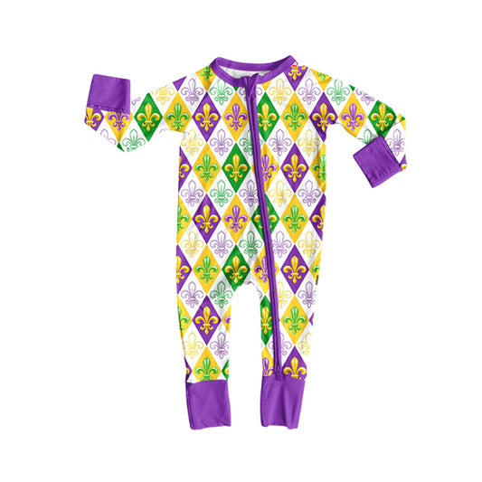 Preorder (moq 20)Baby Girls Bamboo Mardi Gras Anchors Checked Zippy Footie Rompers