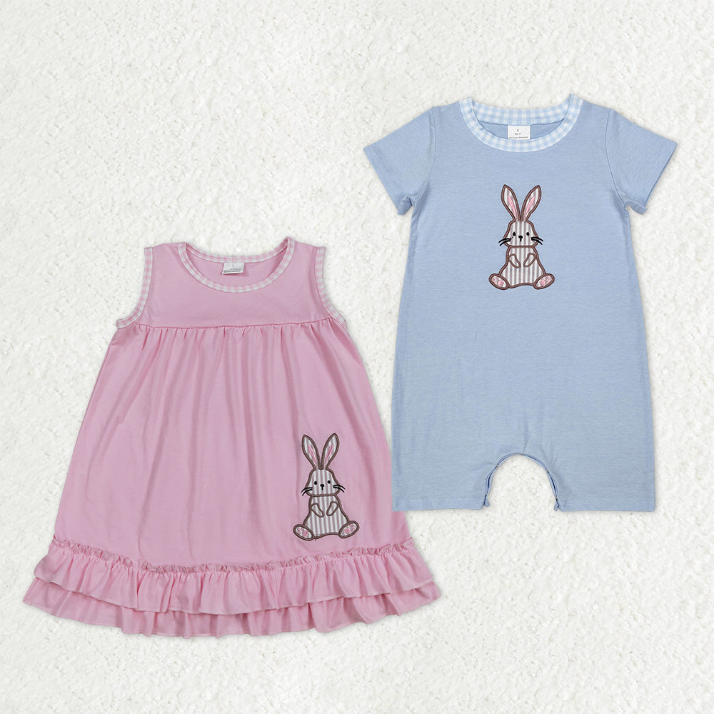Sibling Baby Kids Embroidery Stripe Rabbits Easter Ruffle Knee Length Dress Shorts Romper
