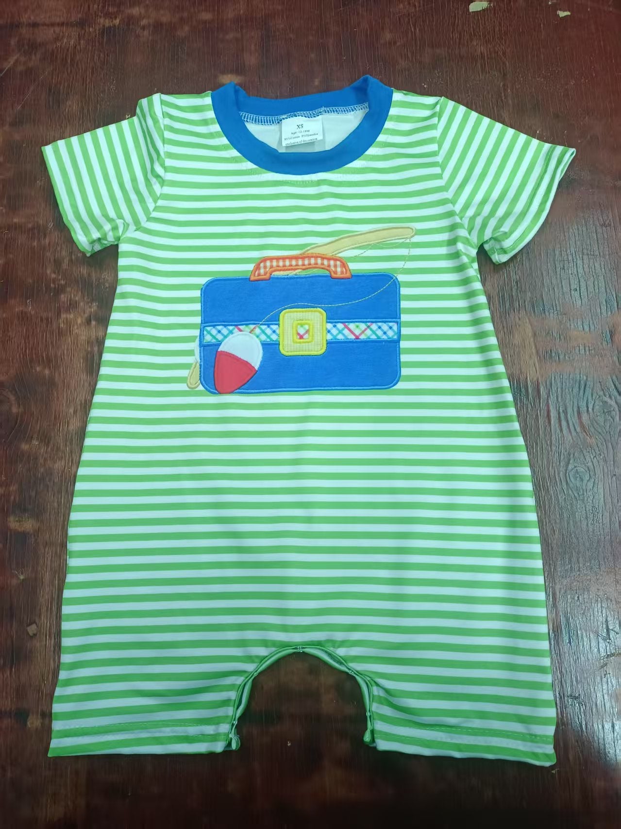 Preorder moq 5 Baby Boys Green Stripe Short Sleeves Fishing Shorts Rompers