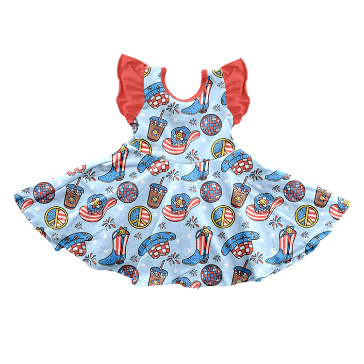 Baby Girls 4th Of July Western Boots Summer Flutter Sleeve Knee Length Dresses preorder(moq 5)