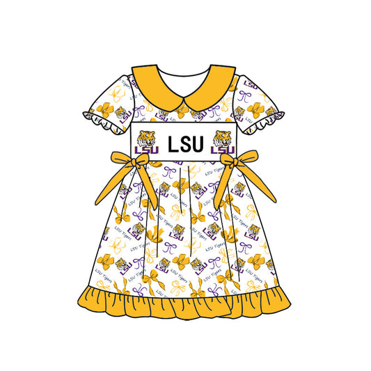 Preorder (moq 5)Baby Girls Short Sleeve LSU Tiger Bows Collar Team Ruffle Knee Length Dress
