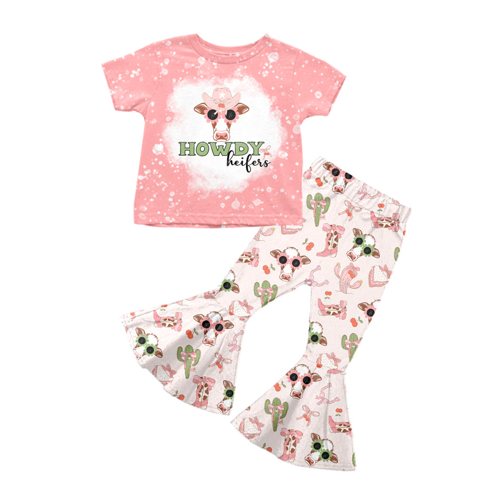 Baby Girls Pink Howdy Heifers Top Bell Pants Clothes Sets Preorder(moq 5)