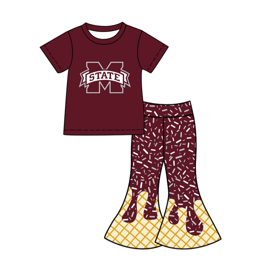 Preorder (moq 5)Baby Girls Dark Red M State Top Drip Sprinkles Bell Bottom Pants Team Clothes Sets