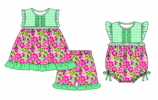 Preorder moq 5 Custom Baby Girls Green Plaid Sleeveless Button Pink Floral Tunic Ruffle Short Set Rompers