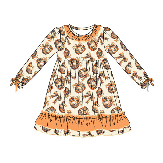 Baby Girls Pumpkin Leopard Ruffle Knee Length Dresses Preorder(moq 5)