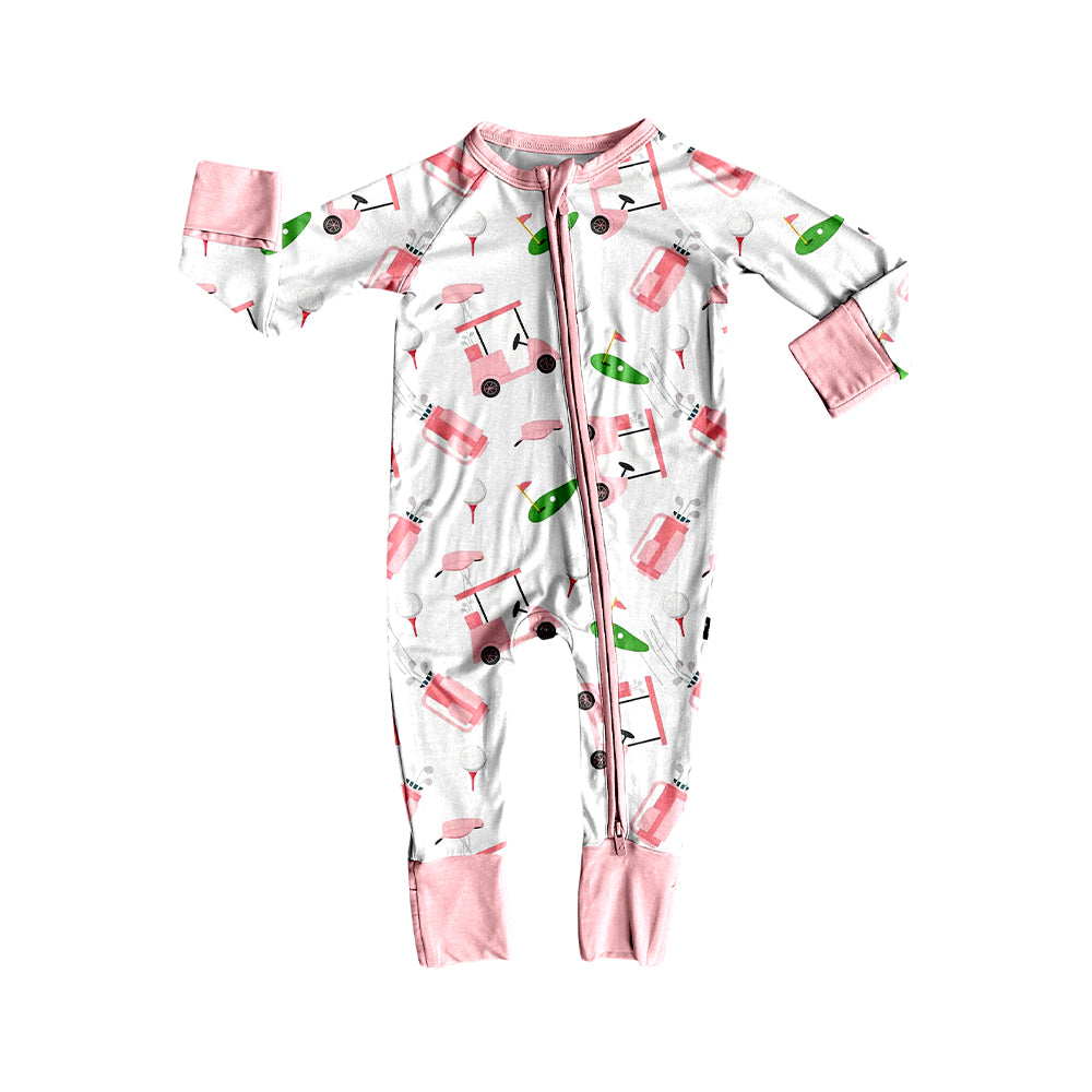 Preorder (moq 20)Baby Girls Pink Golf Bmaboo Two Way Zip Convertible Rompers