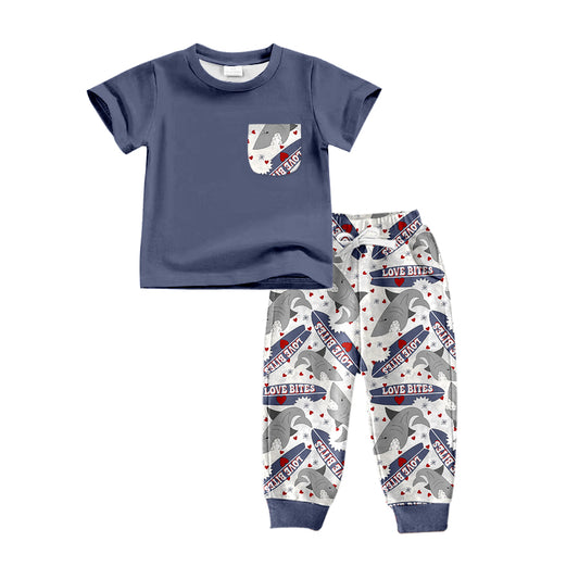 Baby Boys Blue Tee Shirts Top Shark Valentines Pants Clothes Sets preorder(moq 5)