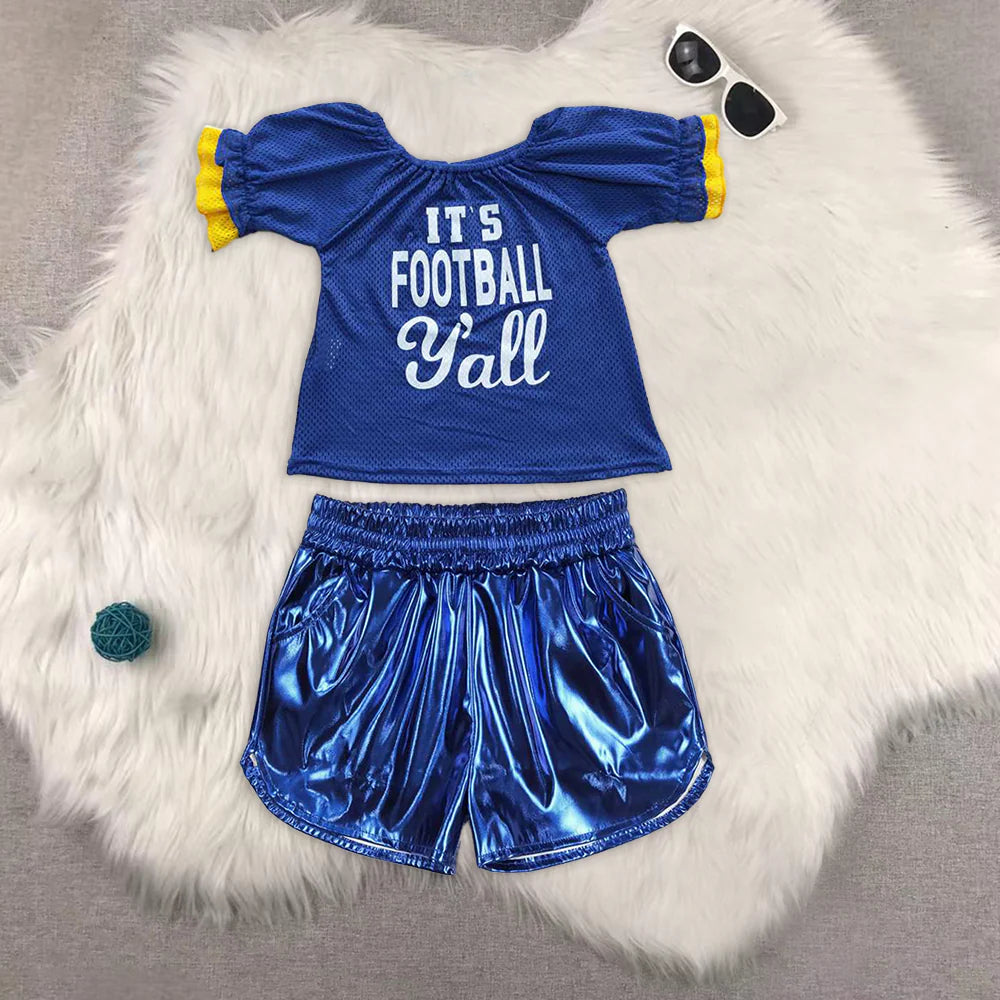 Baby Girls Blue Cheer Football Team Tops Leather Shorts Clothes Sets