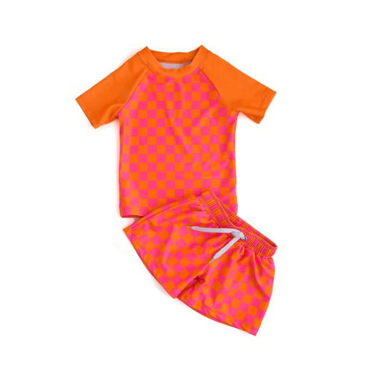 Baby Boys Orange Checkered Top Shorts Swimsuits Preorder(moq 5)