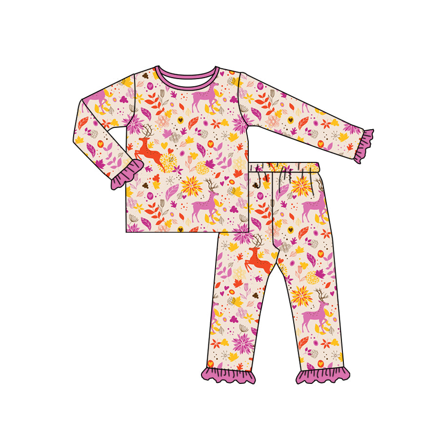 Baby Girls Christmas Deer Flowers Tee Pants Pajamas Clothes Sets Preorder(moq 5)