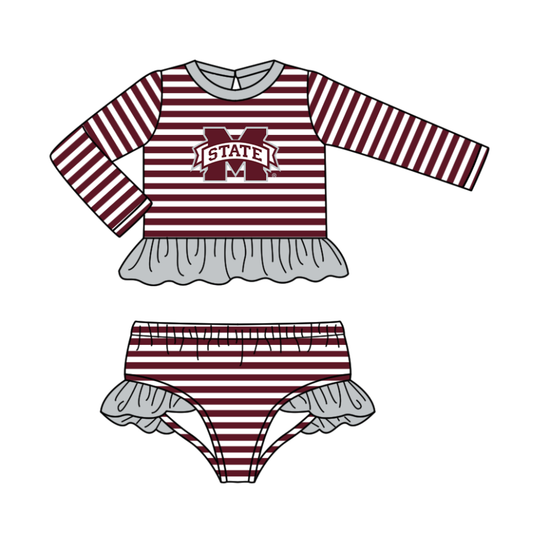 Preorder (moq 5)Baby Girls Red Stripe M State Ruffle Top Bummies Team 2 Piece Swimsuits