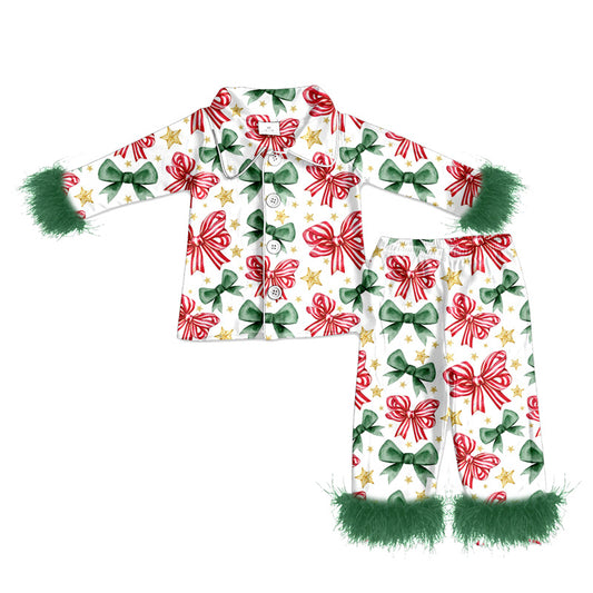 preorder(MOQ 5)Baby Girls Christmas Green Red Bows Fur Top Pants Pajamas